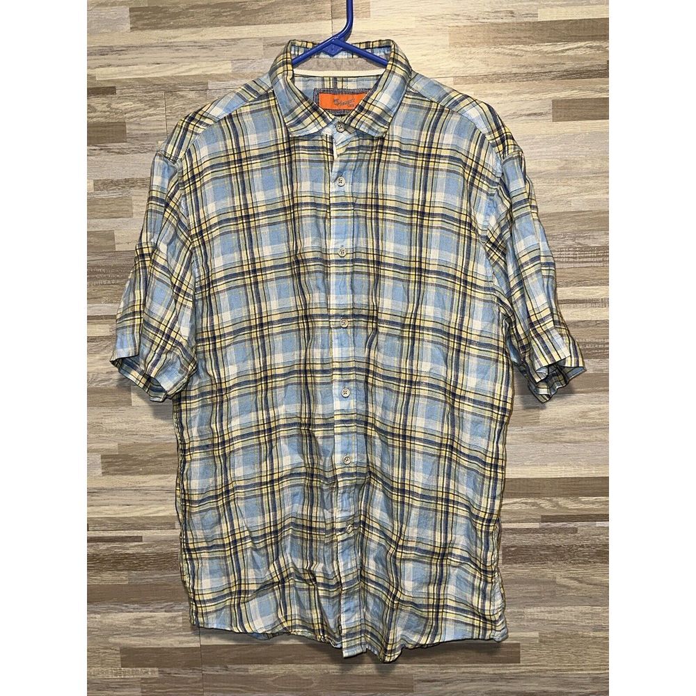 Newport Isle Short Sleeve Button Up 100% Linen, Multicolor Large Plaid #259